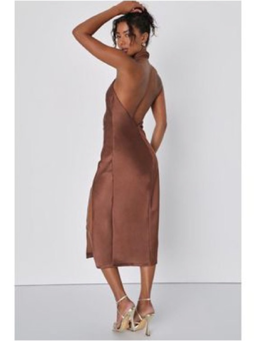 Lulu's Beyond Classy Satin Halter Backless Dress in Chocolate Brown - Picture 4 of 6